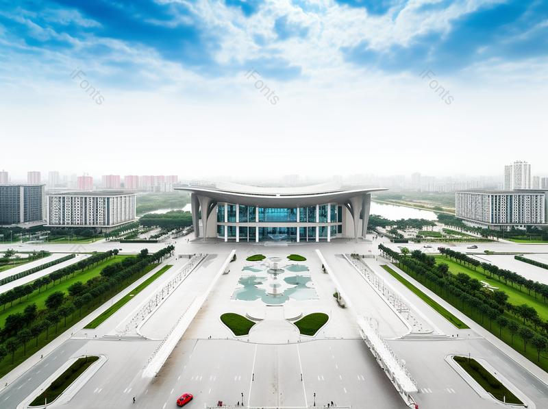 白色现代未来城市简约对称建筑蓝天白云设计感俯拍摄影,高清,摄影图,摄影图片,图片大全,摄影图免费下载